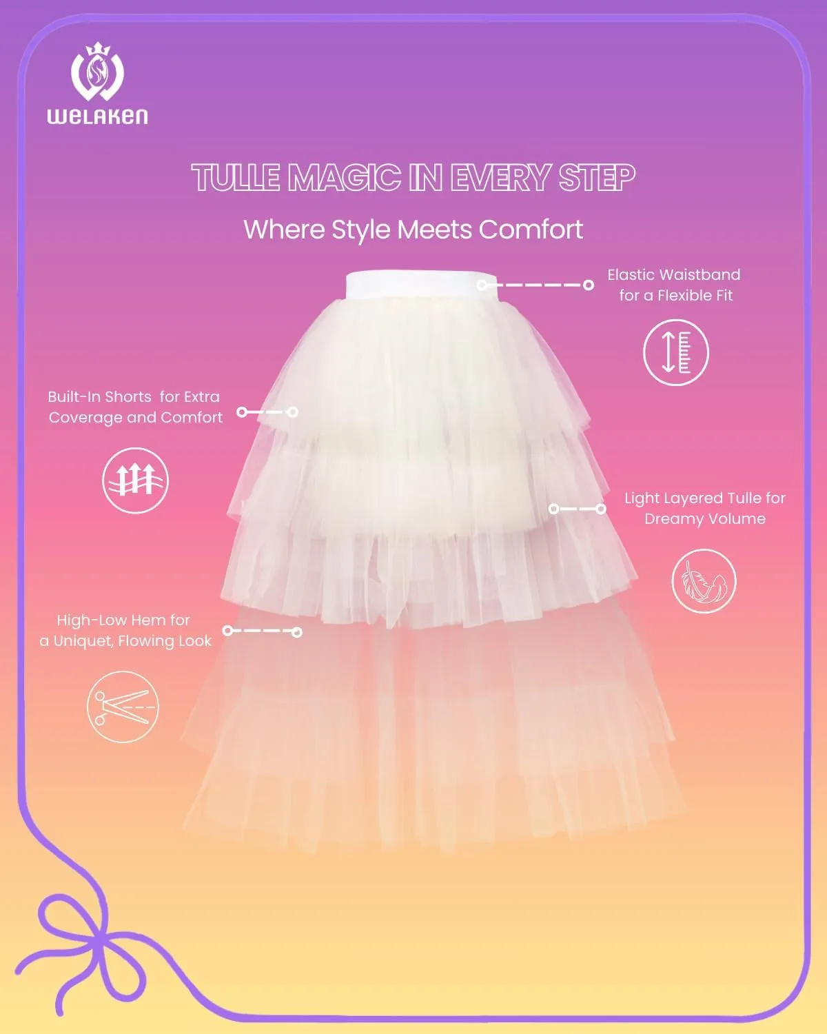 Girls Layered Tutu Skirts Elastic Waist Tulle High-Low Skorts Dance Party Outfits