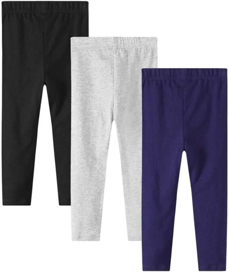 Girls Leggings 3-Pack Set Cotton Casual Solid Stripe Stretch Tights Pants