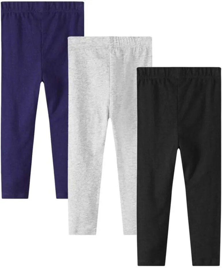 Girls Leggings 3-Pack Set Cotton Casual Solid Stripe Stretch Tights Pants