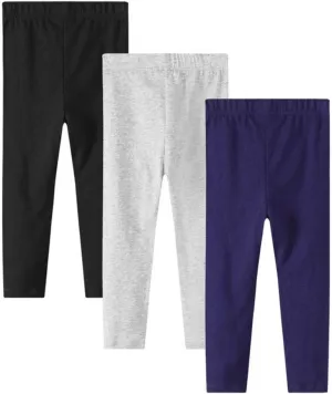 Girls Leggings 3-Pack Set Cotton Casual Solid Stripe Stretch Tights Pants
