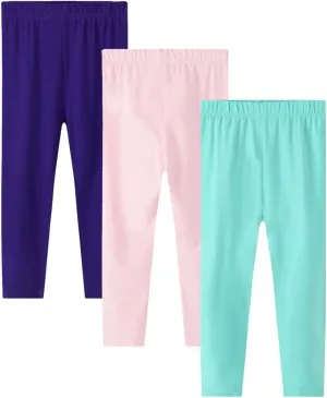 Girls Leggings 3-Pack Set Cotton Casual Solid Stripe Stretch Tights Pants