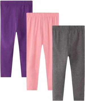 Girls Leggings 3-Pack Set Cotton Casual Solid Stripe Stretch Tights Pants