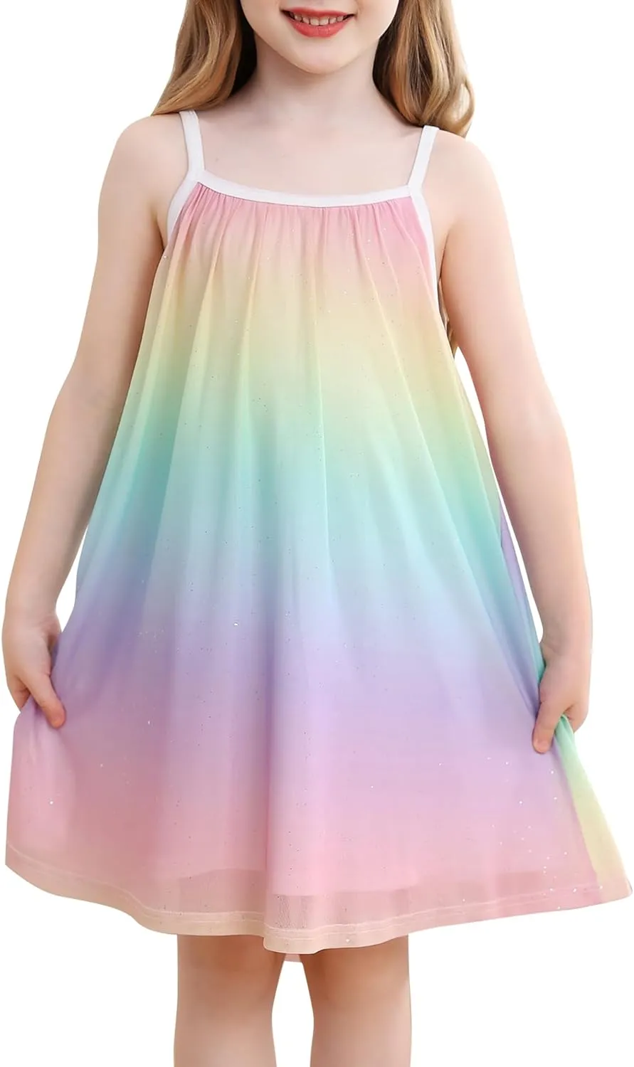 Girl's Summer Dress Casual Spaghetti Strap Rainbow Sundress Size 3-10 Year