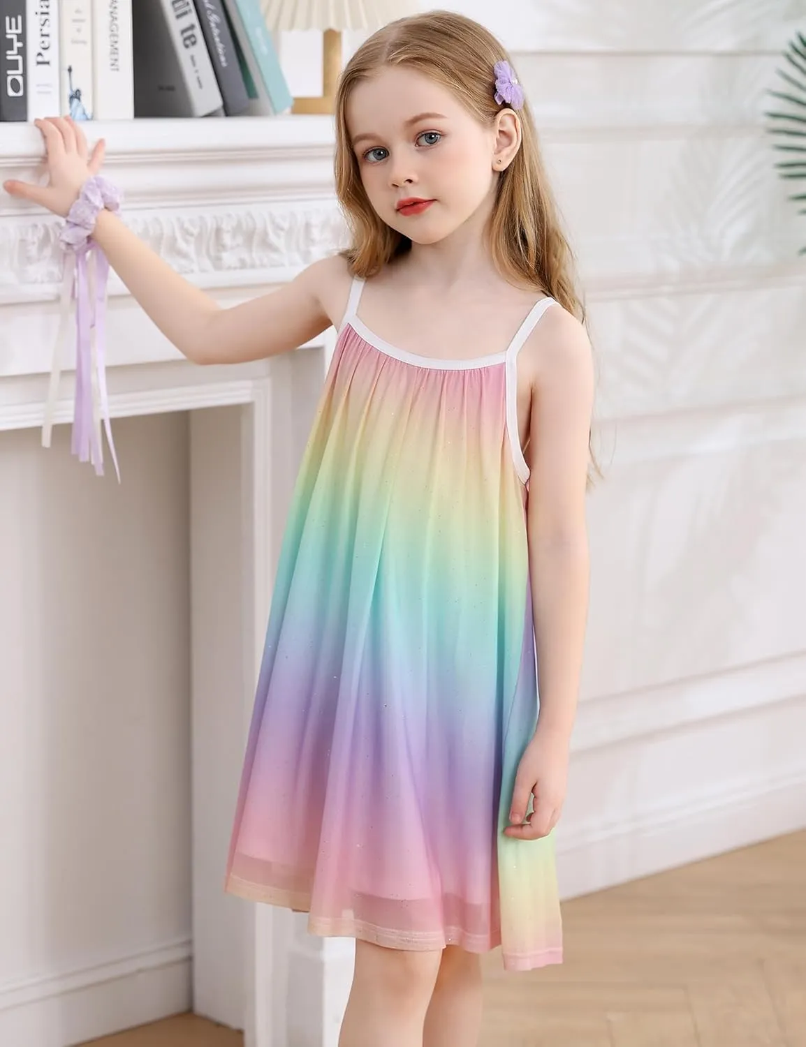 Girl's Summer Dress Casual Spaghetti Strap Rainbow Sundress Size 3-10 Year