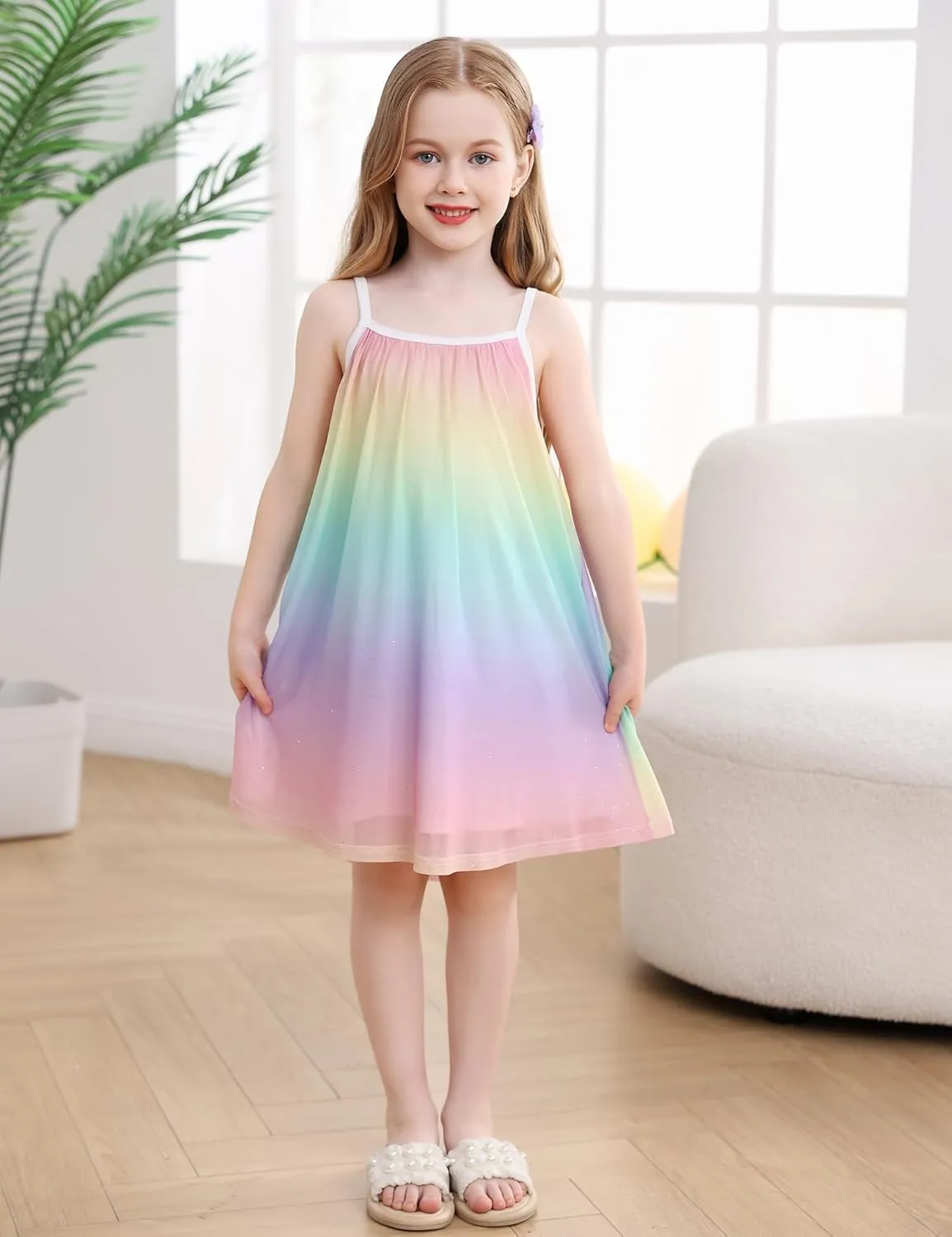 Girl's Summer Dress Casual Spaghetti Strap Rainbow Sundress Size 3-10 Year