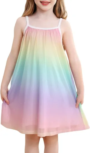 Girl's Summer Dress Casual Spaghetti Strap Rainbow Sundress Size 3-10 Year