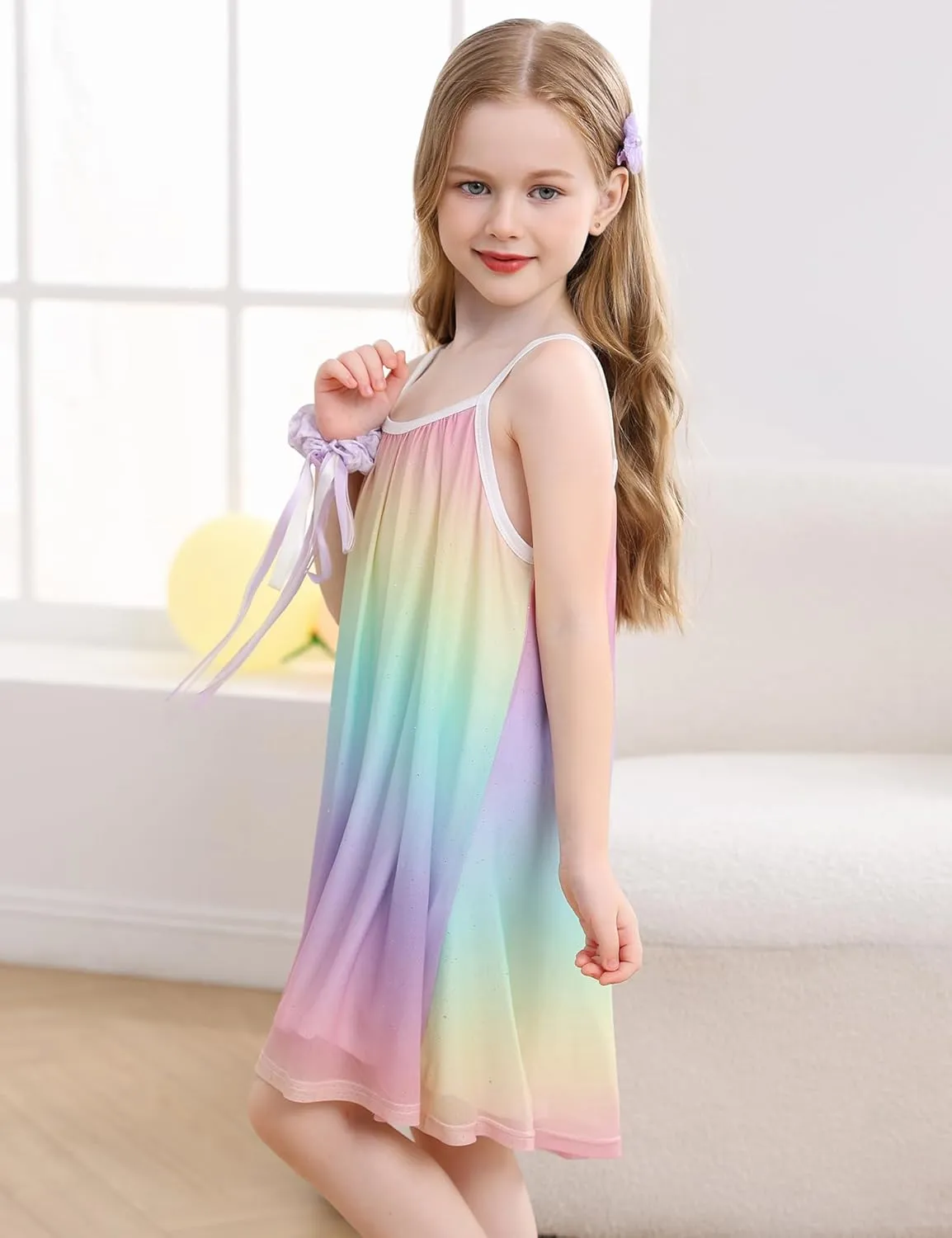 Girl's Summer Dress Casual Spaghetti Strap Rainbow Sundress Size 3-10 Year