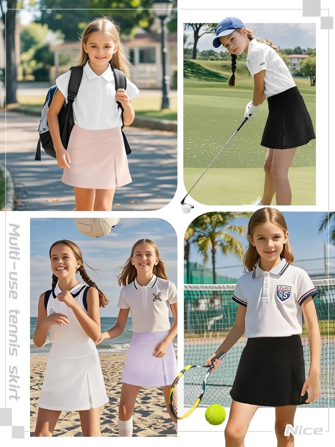 Girls Tennis Skirt with Shorts Pocket, High Waisted Athletic Skort Kids Splicing Mesh A-Line Skirts for Golf Running