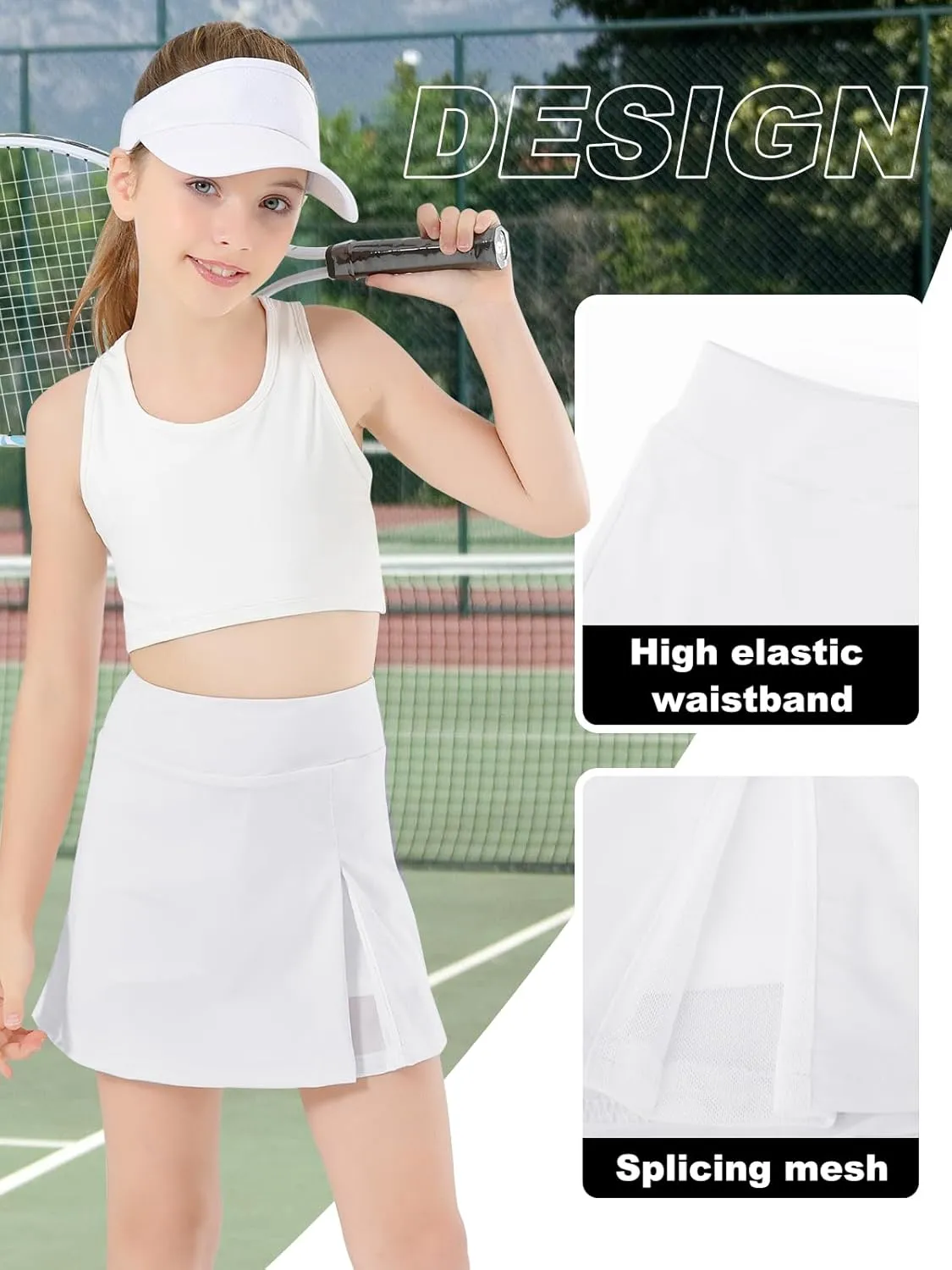 Girls Tennis Skirt with Shorts Pocket, High Waisted Athletic Skort Kids Splicing Mesh A-Line Skirts for Golf Running
