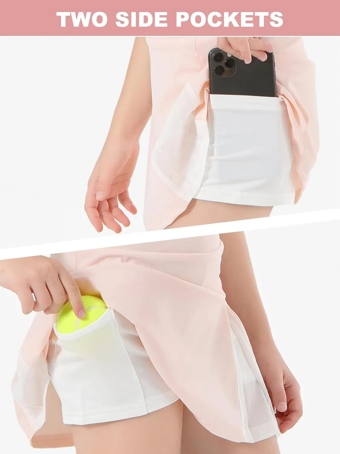Girls Tennis Skirt with Shorts Pocket, High Waisted Athletic Skort Kids Splicing Mesh A-Line Skirts for Golf Running