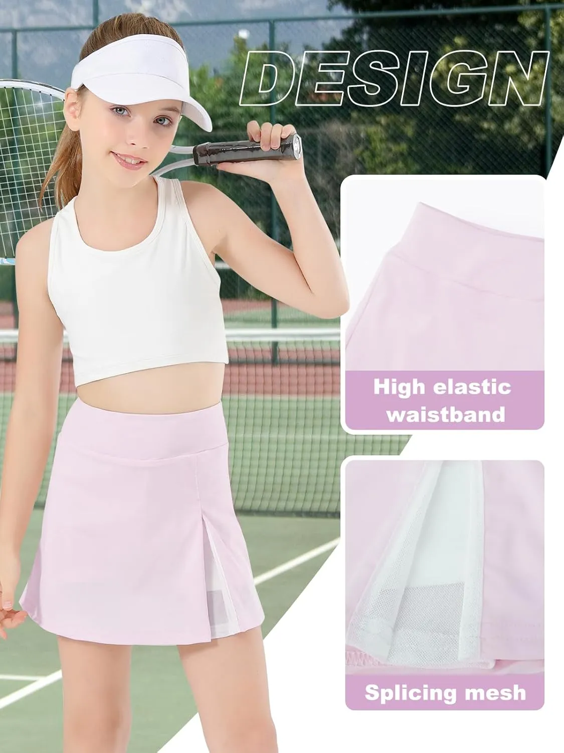 Girls Tennis Skirt with Shorts Pocket, High Waisted Athletic Skort Kids Splicing Mesh A-Line Skirts for Golf Running