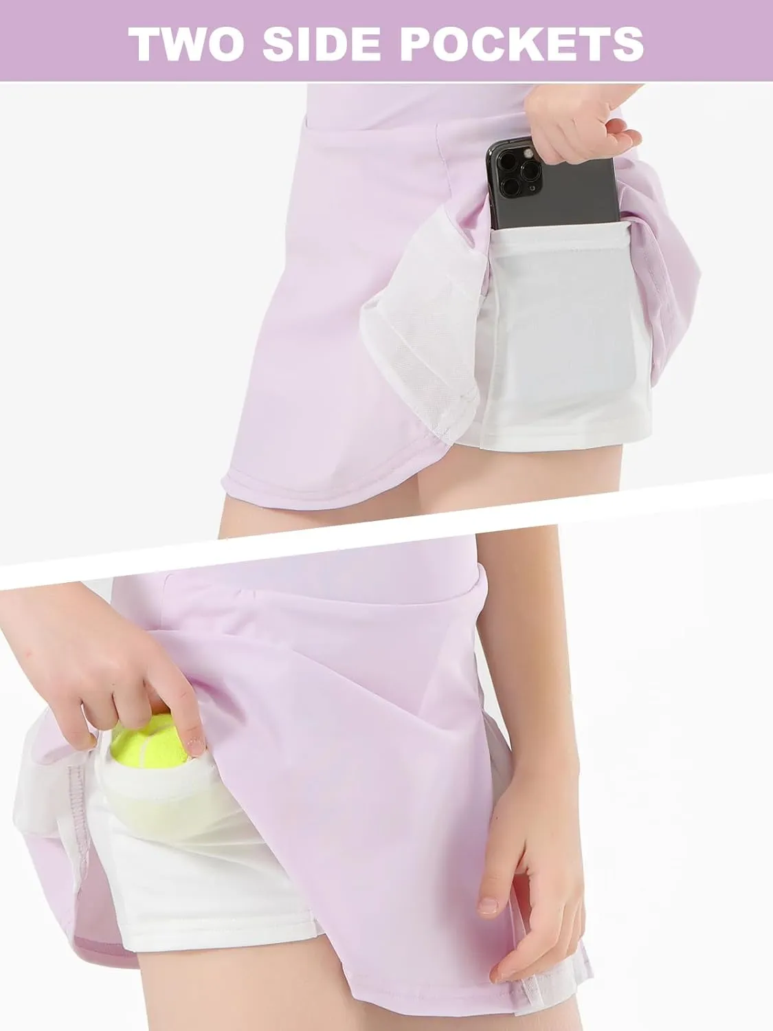 Girls Tennis Skirt with Shorts Pocket, High Waisted Athletic Skort Kids Splicing Mesh A-Line Skirts for Golf Running