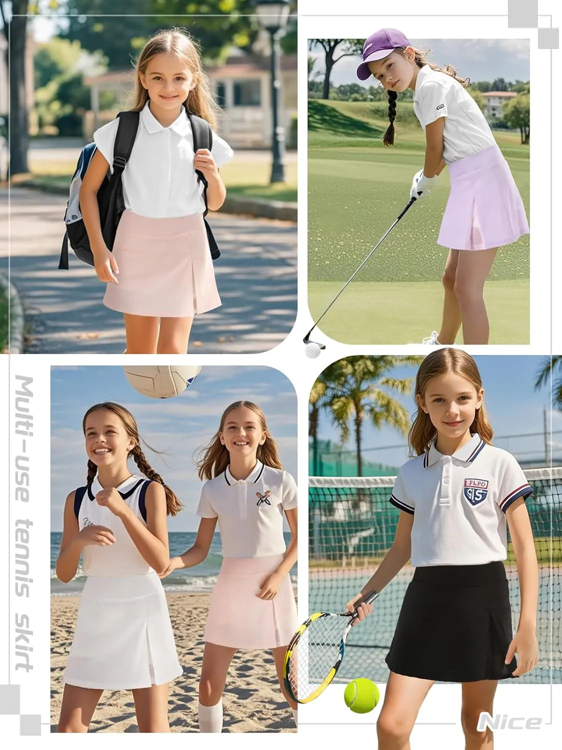 Girls Tennis Skirt with Shorts Pocket, High Waisted Athletic Skort Kids Splicing Mesh A-Line Skirts for Golf Running