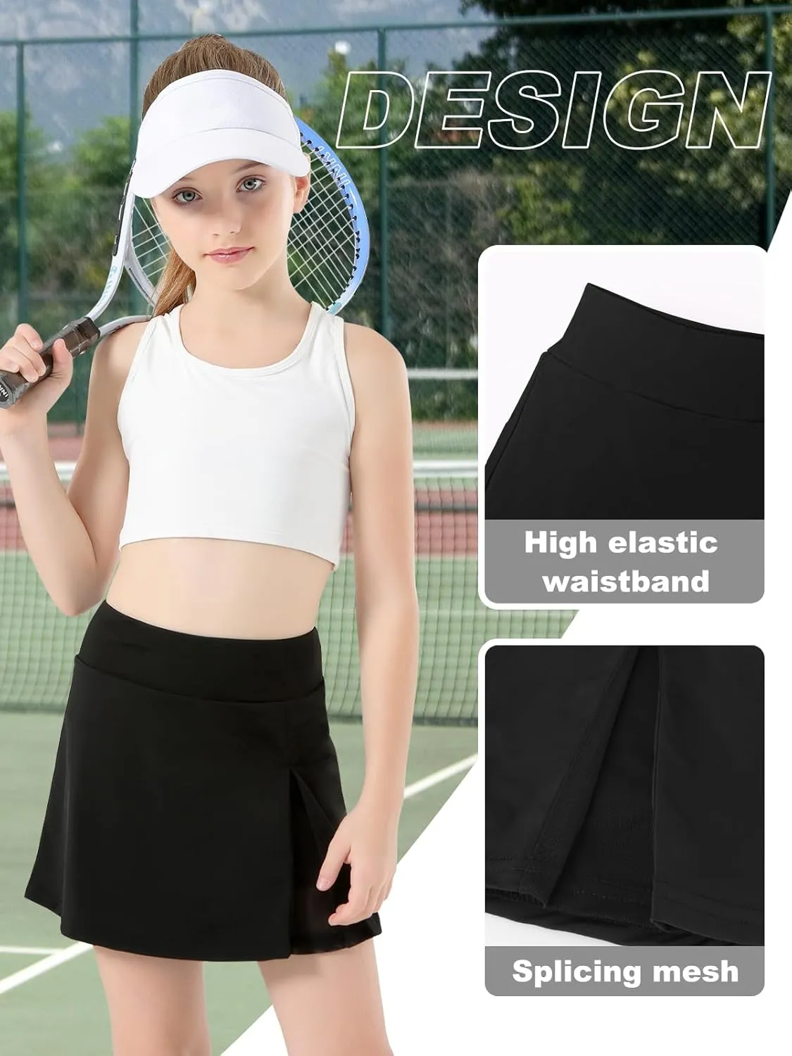 Girls Tennis Skirt with Shorts Pocket, High Waisted Athletic Skort Kids Splicing Mesh A-Line Skirts for Golf Running