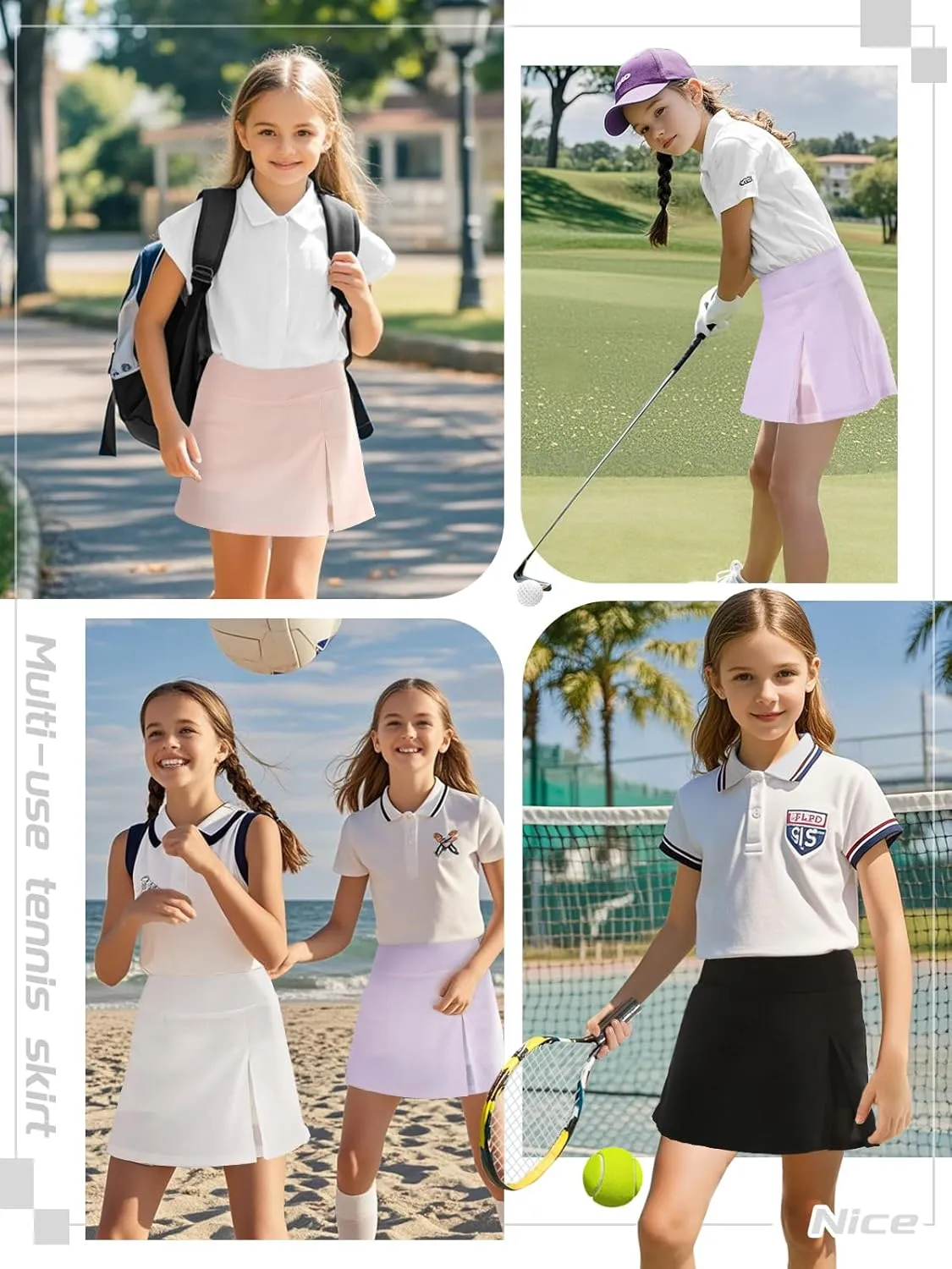 Girls Tennis Skirt with Shorts Pocket, High Waisted Athletic Skort Kids Splicing Mesh A-Line Skirts for Golf Running