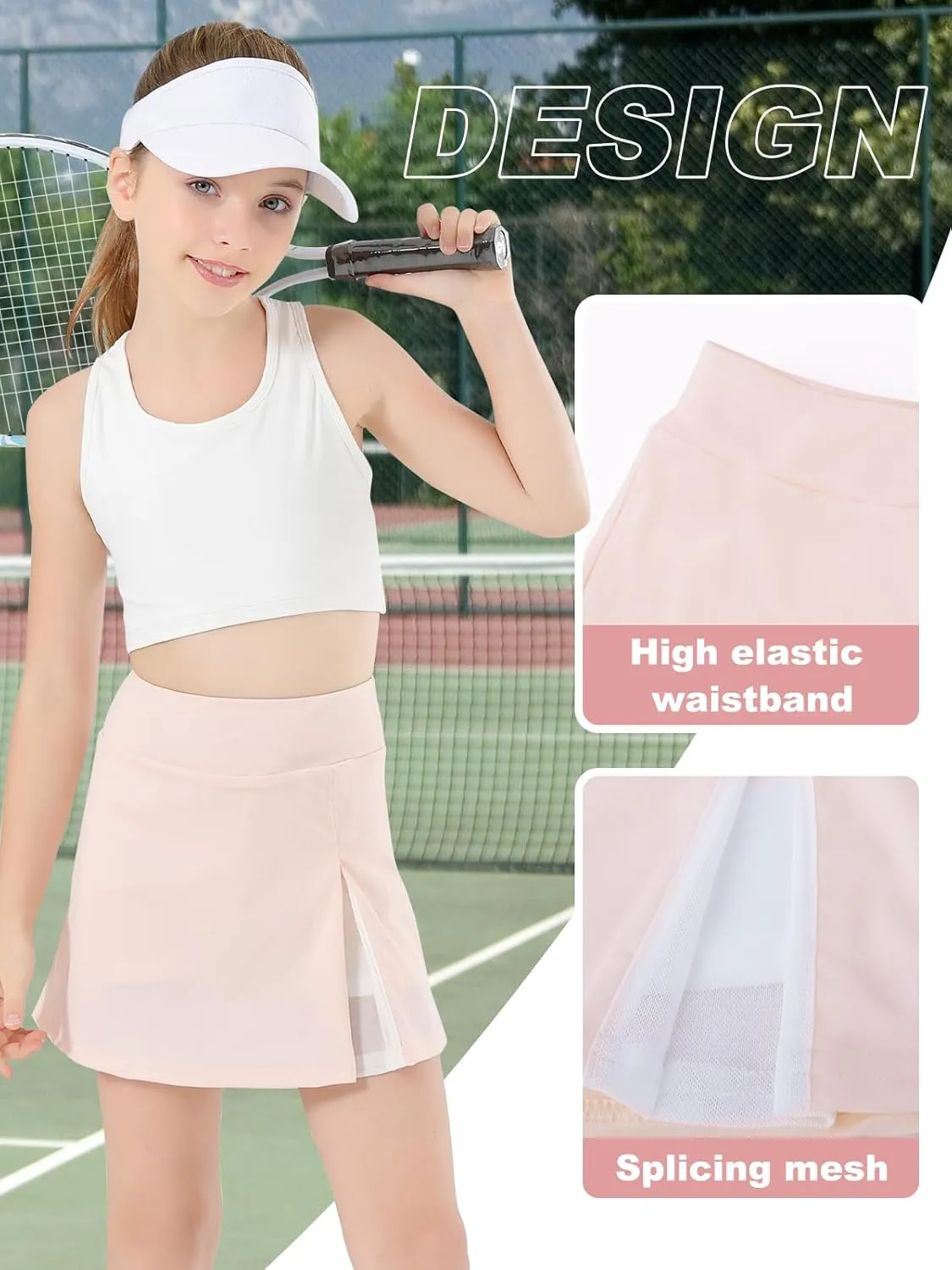 Girls Tennis Skirt with Shorts Pocket, High Waisted Athletic Skort Kids Splicing Mesh A-Line Skirts for Golf Running