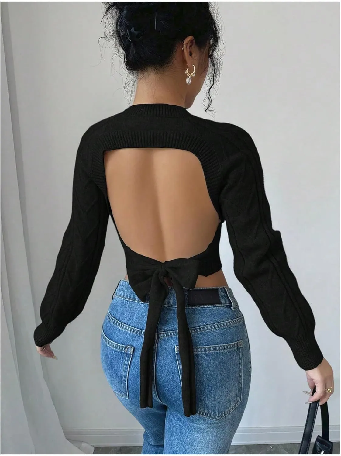 GORGLITTER Women's Bow Open Back Sweater Cable Knit Cropped Sweater Crewneck Pullover Crop Tops