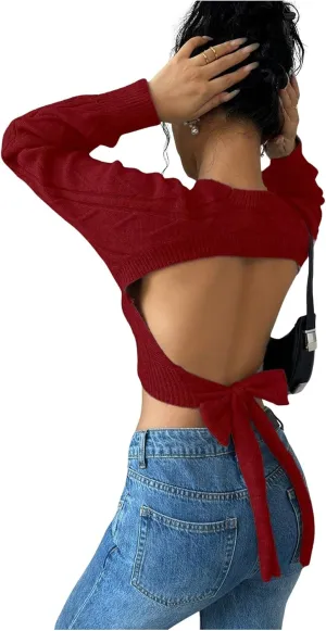 GORGLITTER Women's Bow Open Back Sweater Cable Knit Cropped Sweater Crewneck Pullover Crop Tops