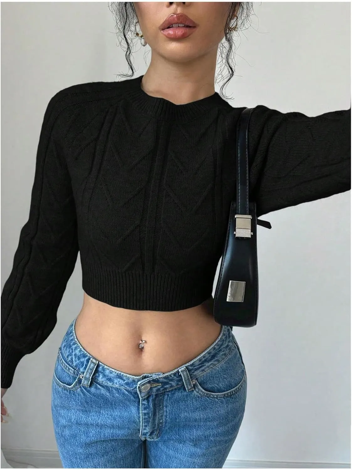 GORGLITTER Women's Bow Open Back Sweater Cable Knit Cropped Sweater Crewneck Pullover Crop Tops