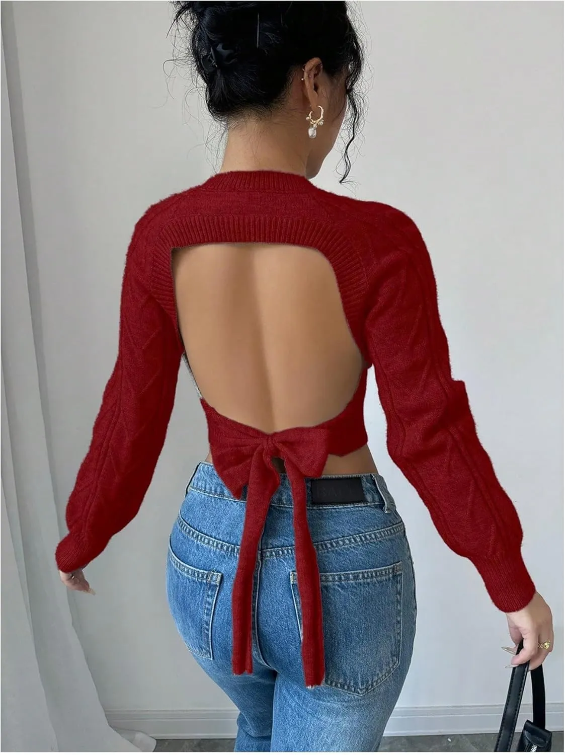 GORGLITTER Women's Bow Open Back Sweater Cable Knit Cropped Sweater Crewneck Pullover Crop Tops