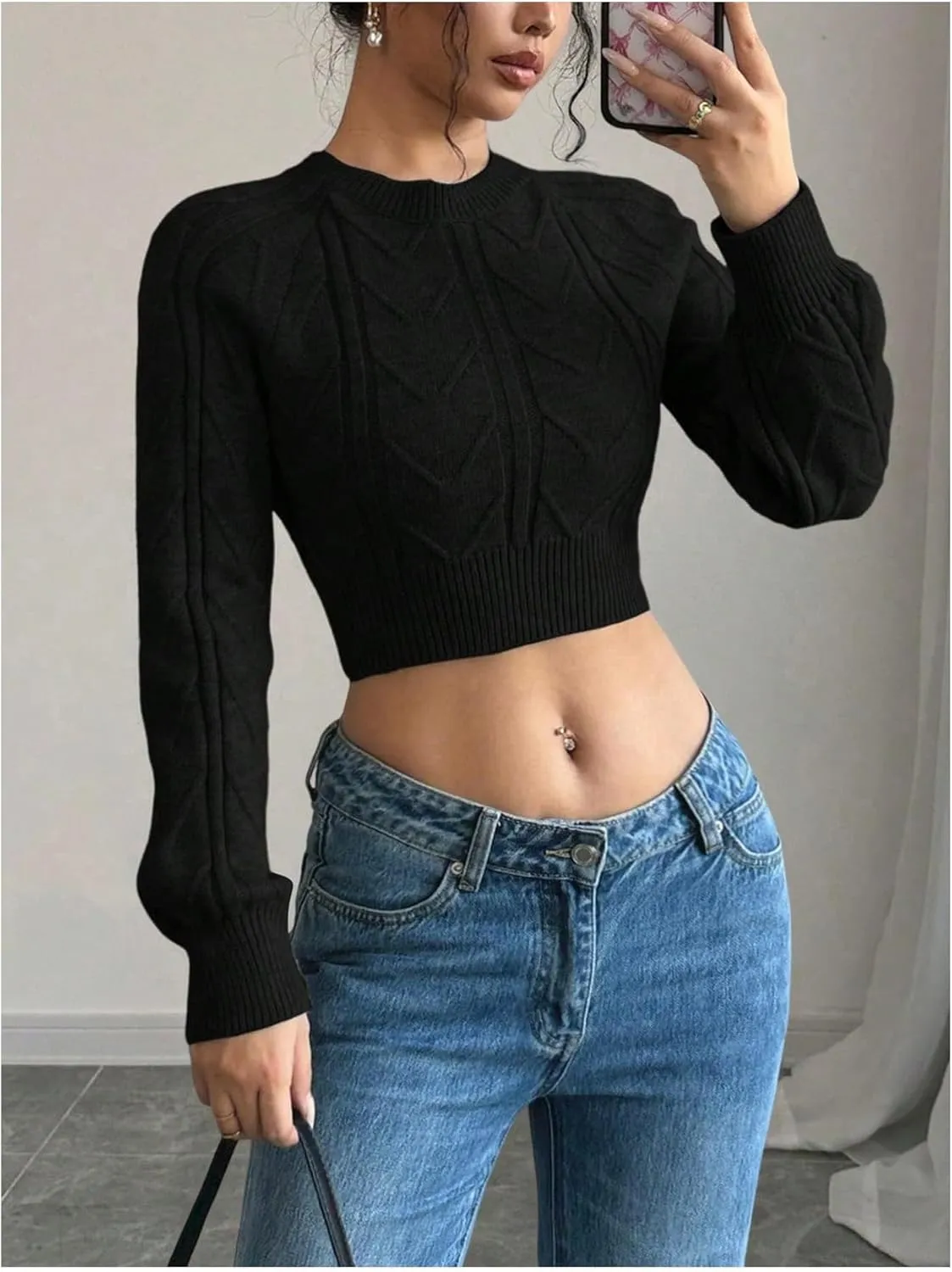 GORGLITTER Women's Bow Open Back Sweater Cable Knit Cropped Sweater Crewneck Pullover Crop Tops