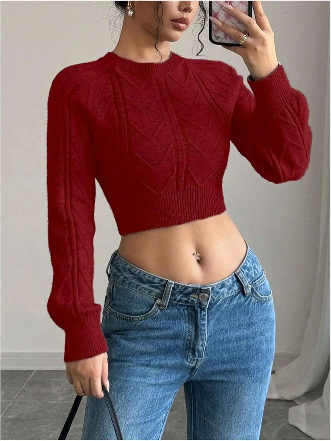 GORGLITTER Women's Bow Open Back Sweater Cable Knit Cropped Sweater Crewneck Pullover Crop Tops