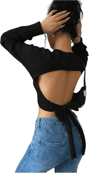 GORGLITTER Women's Bow Open Back Sweater Cable Knit Cropped Sweater Crewneck Pullover Crop Tops