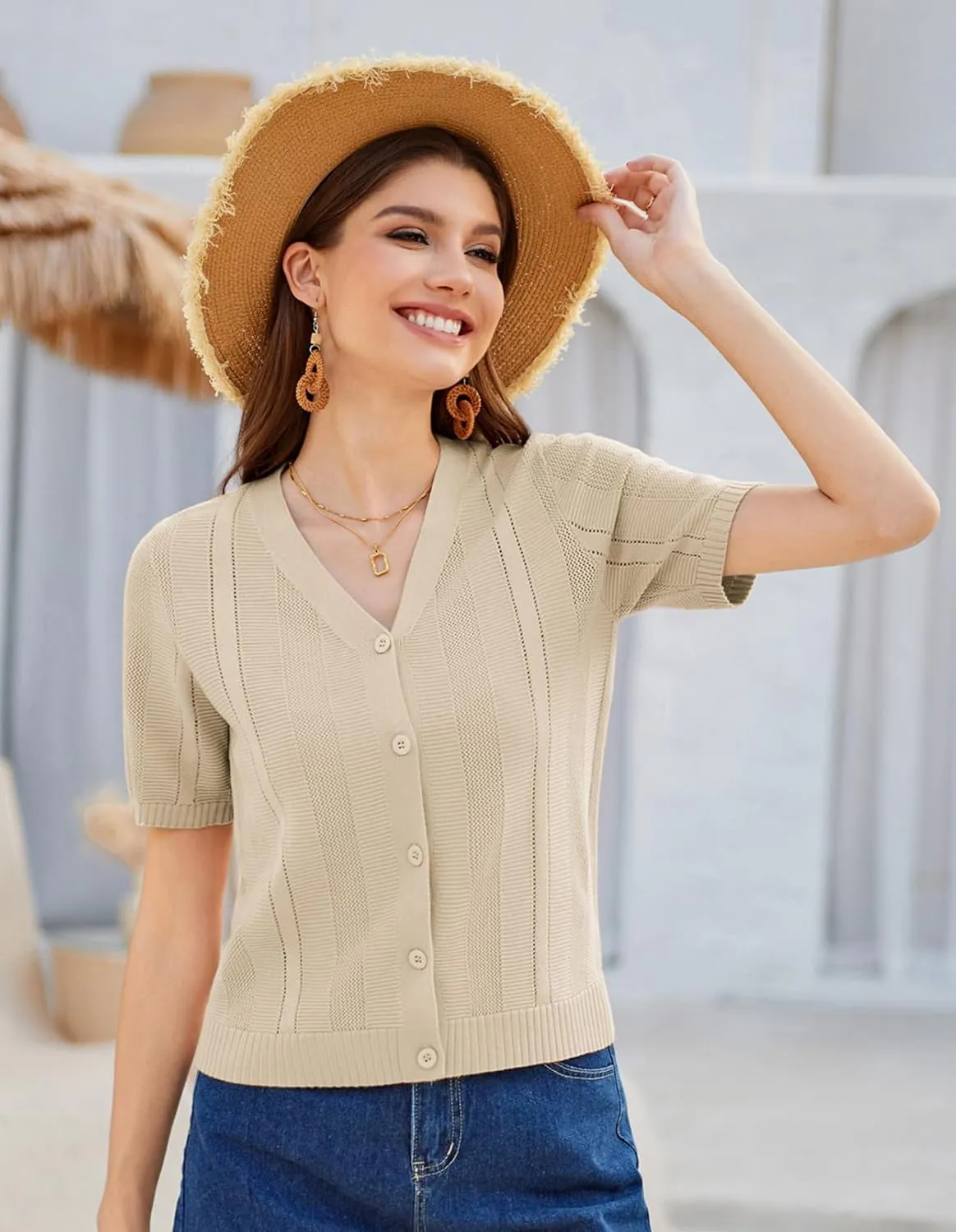 GRACE KARIN Women Short Sleeve Cropped Cardigan Crochet Knit Lightweight Button Down V Neck Bolero Sweater Top 2025