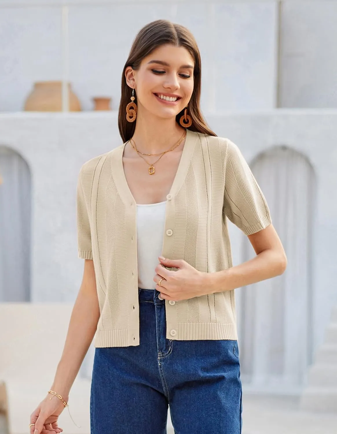 GRACE KARIN Women Short Sleeve Cropped Cardigan Crochet Knit Lightweight Button Down V Neck Bolero Sweater Top 2025