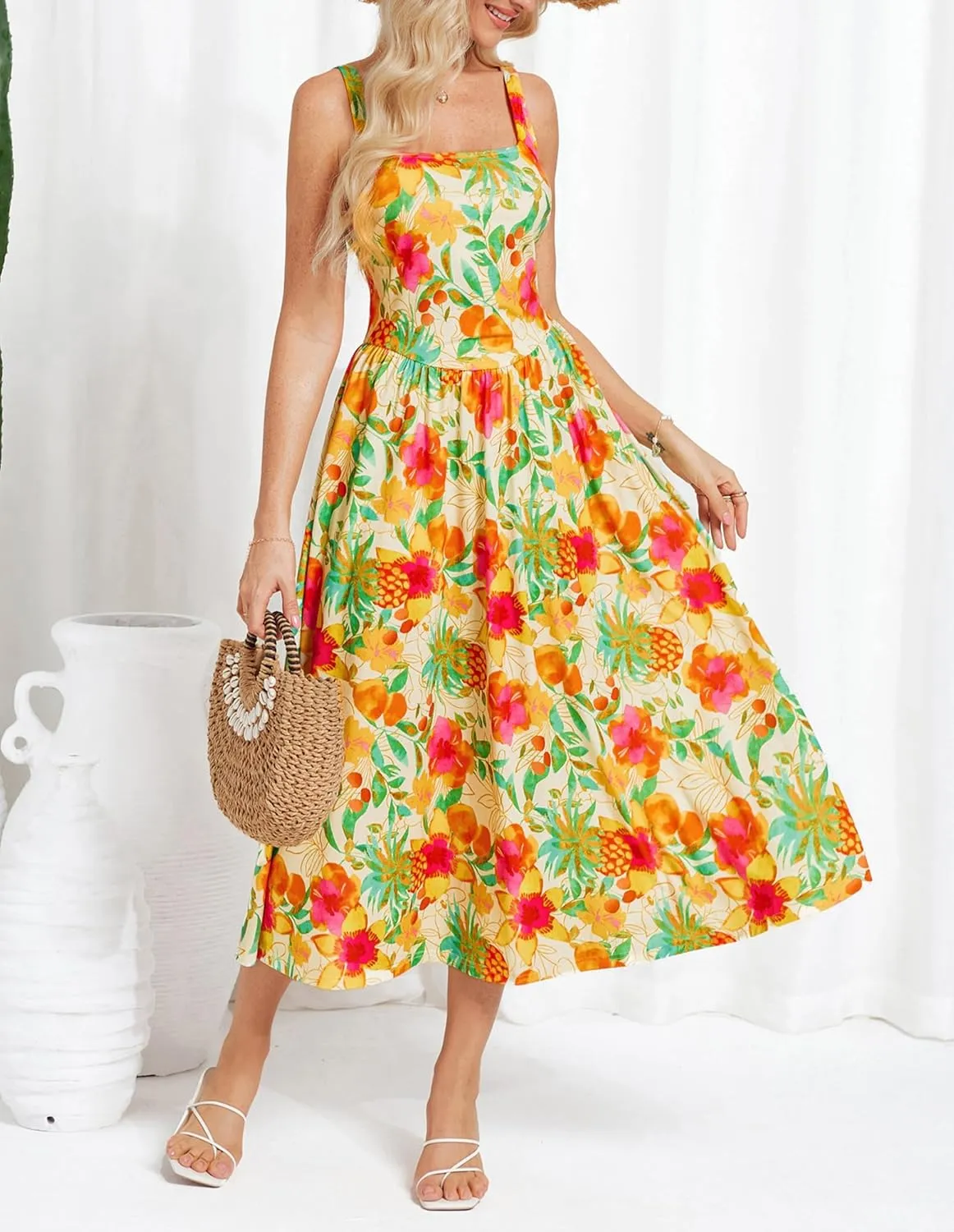GRACE KARIN Women's Summer Square Neck Sleeveless Floral Midi Dress 2025 Boho Beach Casual Dresses with Pockets