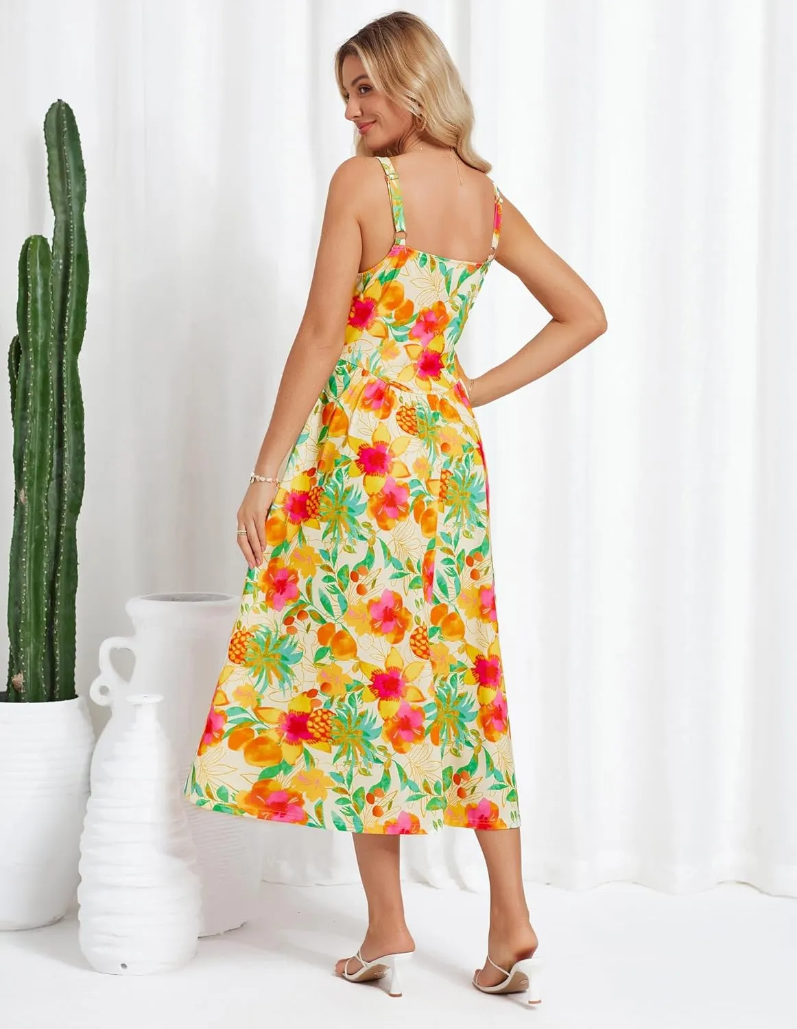 GRACE KARIN Women's Summer Square Neck Sleeveless Floral Midi Dress 2025 Boho Beach Casual Dresses with Pockets