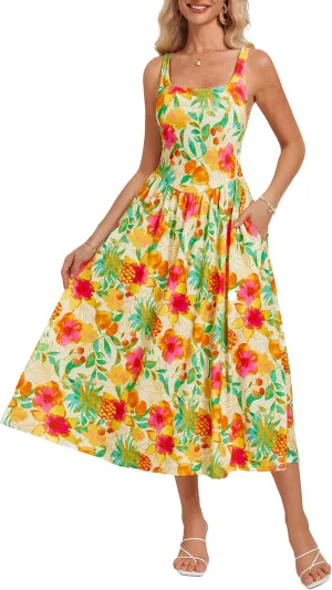 GRACE KARIN Women's Summer Square Neck Sleeveless Floral Midi Dress 2025 Boho Beach Casual Dresses with Pockets