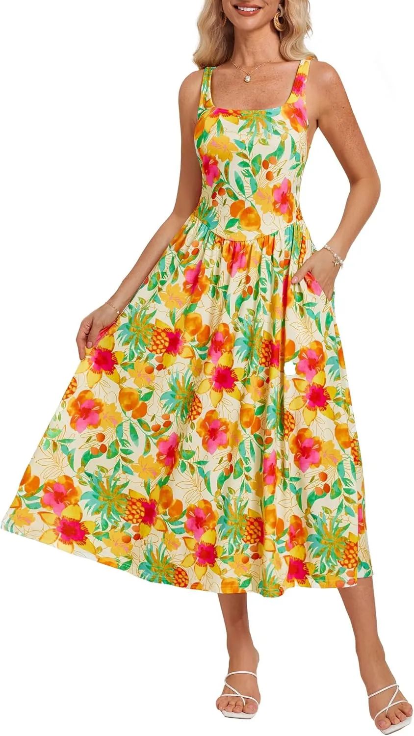 GRACE KARIN Women's Summer Square Neck Sleeveless Floral Midi Dress 2025 Boho Beach Casual Dresses with Pockets