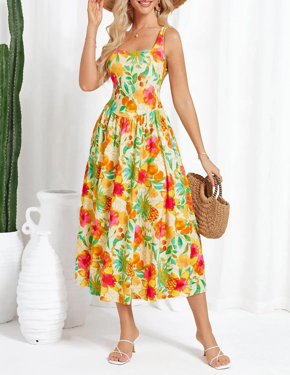 GRACE KARIN Women's Summer Square Neck Sleeveless Floral Midi Dress 2025 Boho Beach Casual Dresses with Pockets