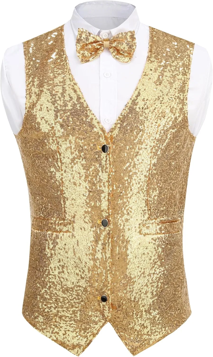 GRAJTCIN Mens Sequin Vest V-Neck Prom Vest Jacket Shiny Party Dress Suit Waistcoat Bowtie Set