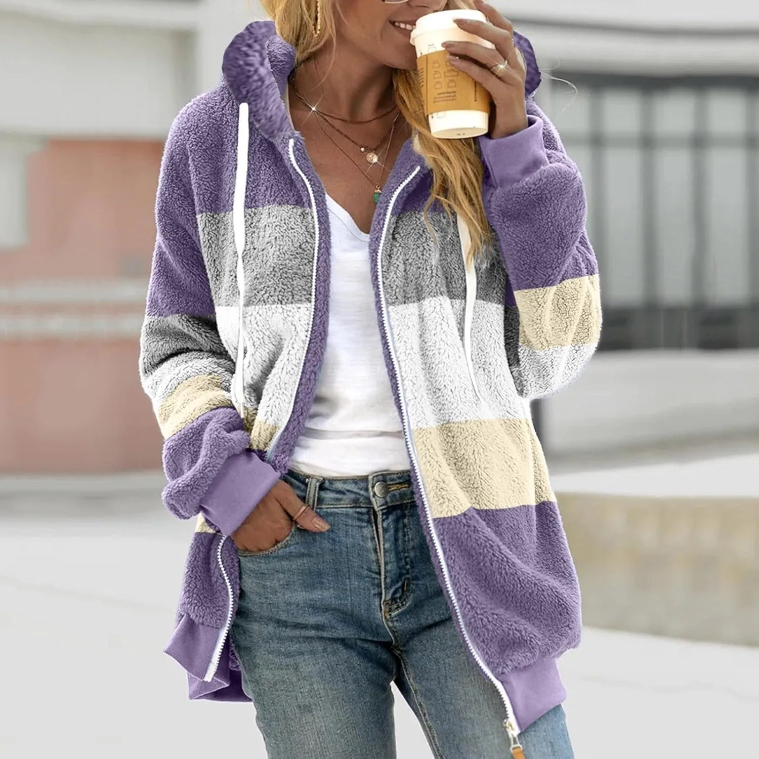 Gumipy Fleece Jacket Women Plus Size Hooded Sherpa Jacket Coat Fuzzy Color Block Patchwork Zip Up Jackets Hoodie with Pockets