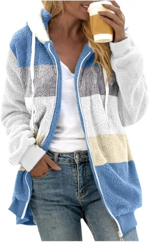 Gumipy Fleece Jacket Women Plus Size Hooded Sherpa Jacket Coat Fuzzy Color Block Patchwork Zip Up Jackets Hoodie with Pockets