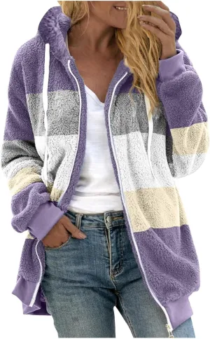 Gumipy Fleece Jacket Women Plus Size Hooded Sherpa Jacket Coat Fuzzy Color Block Patchwork Zip Up Jackets Hoodie with Pockets