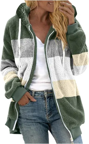 Gumipy Fleece Jacket Women Plus Size Hooded Sherpa Jacket Coat Fuzzy Color Block Patchwork Zip Up Jackets Hoodie with Pockets