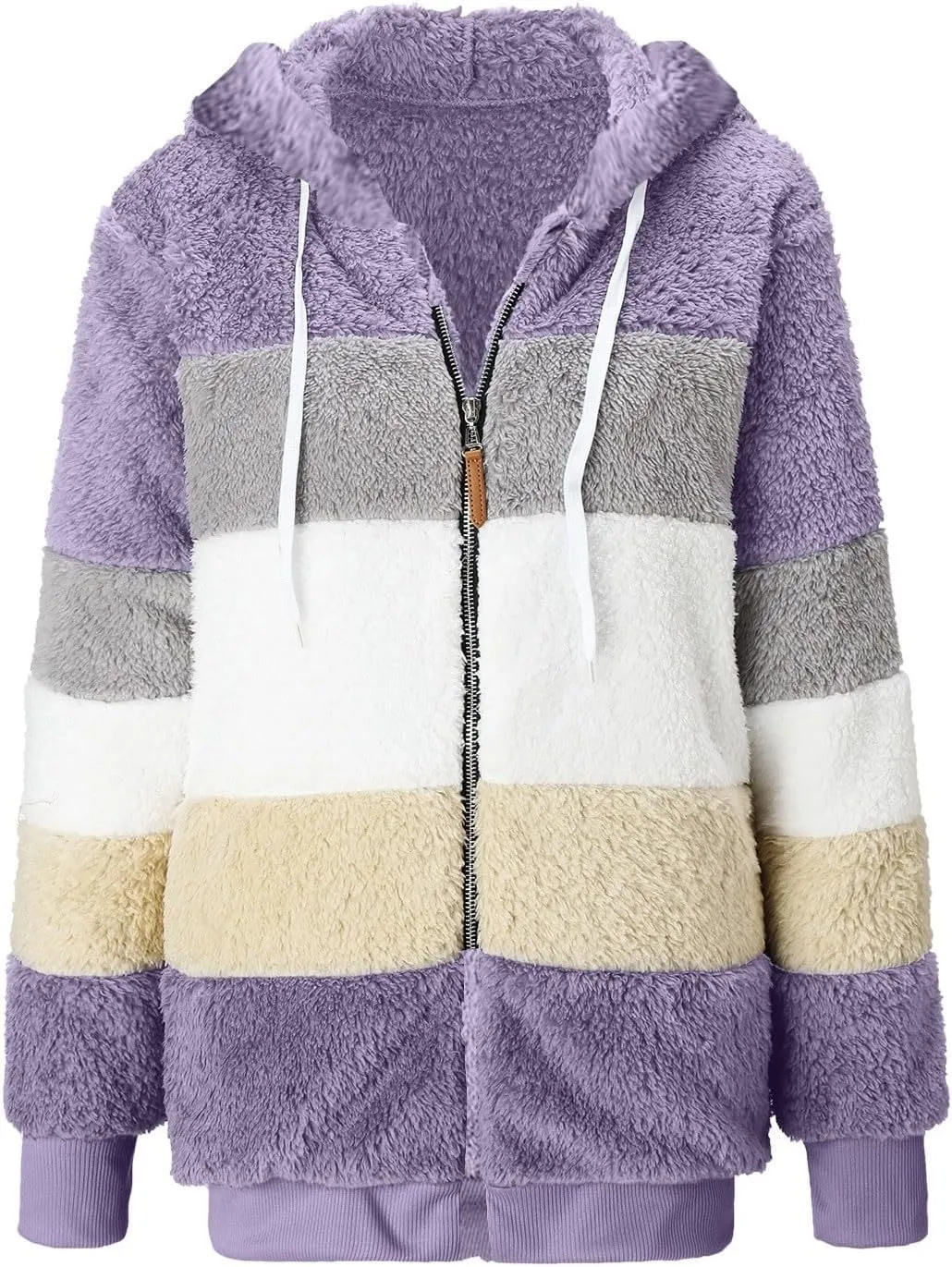 Gumipy Fleece Jacket Women Plus Size Hooded Sherpa Jacket Coat Fuzzy Color Block Patchwork Zip Up Jackets Hoodie with Pockets