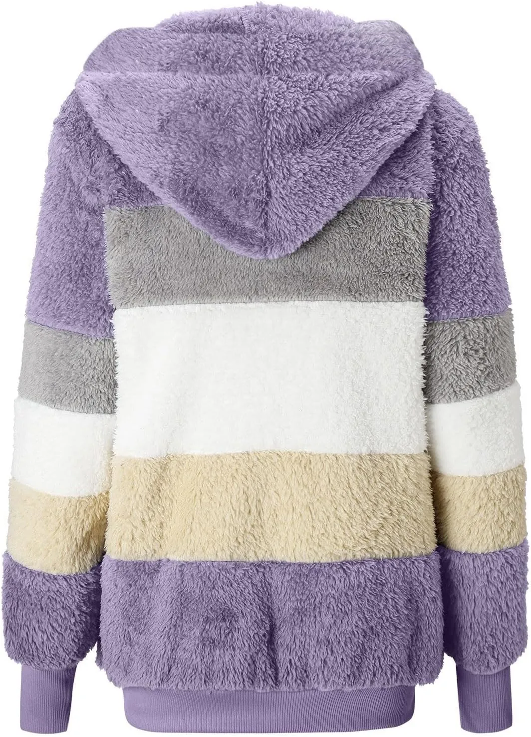 Gumipy Fleece Jacket Women Plus Size Hooded Sherpa Jacket Coat Fuzzy Color Block Patchwork Zip Up Jackets Hoodie with Pockets