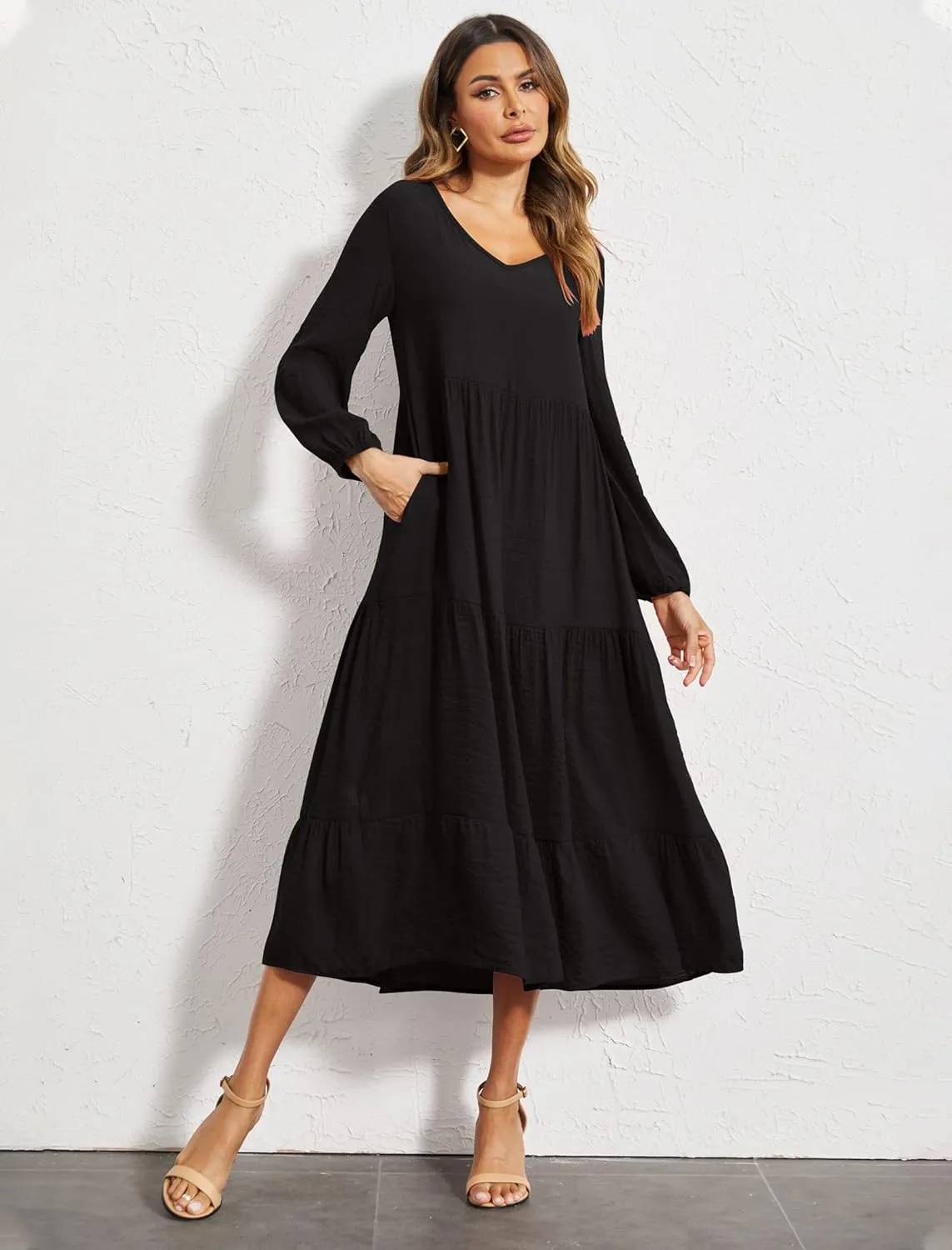 Halife Women's Summer Casual Maxi Dresses Flowy Ruffle Boho Long Dresses with Pockets
