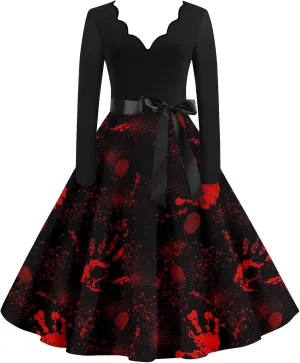Halloween Dresses for Women Long Sleeve V Neck Plus Size Dress 1950s Cocktail Wrap Costumes
