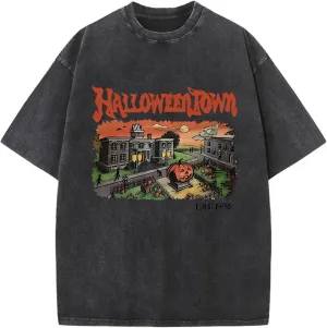 Halloween Shirts Oversized Unisex Vintage Acid Wash T-Shirt Cotton Halloween Fall Short Sleeve Tee Tops for Men Women