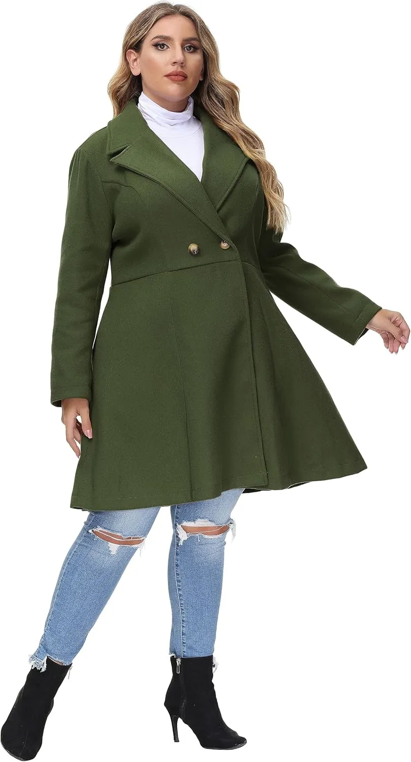Hanna Nikole Women's Plus Size Wool Dress Coat Double Breasted Pea Coats Long Trench Coat