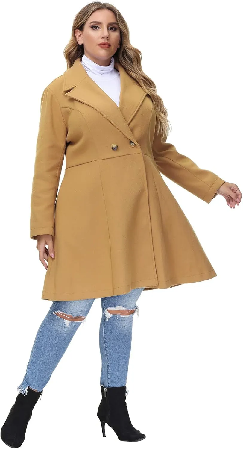 Hanna Nikole Women's Plus Size Wool Dress Coat Double Breasted Pea Coats Long Trench Coat