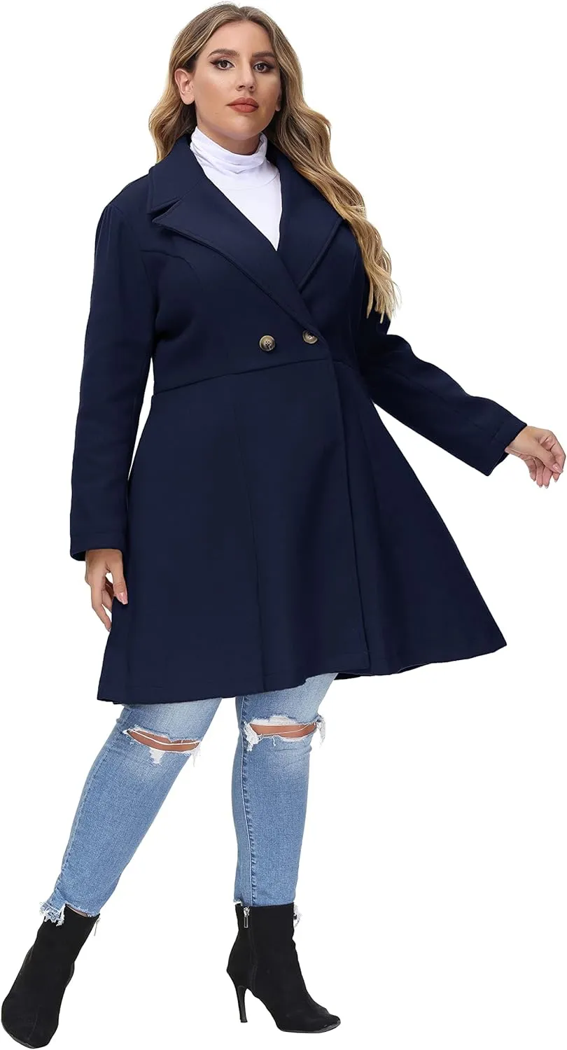 Hanna Nikole Women's Plus Size Wool Dress Coat Double Breasted Pea Coats Long Trench Coat