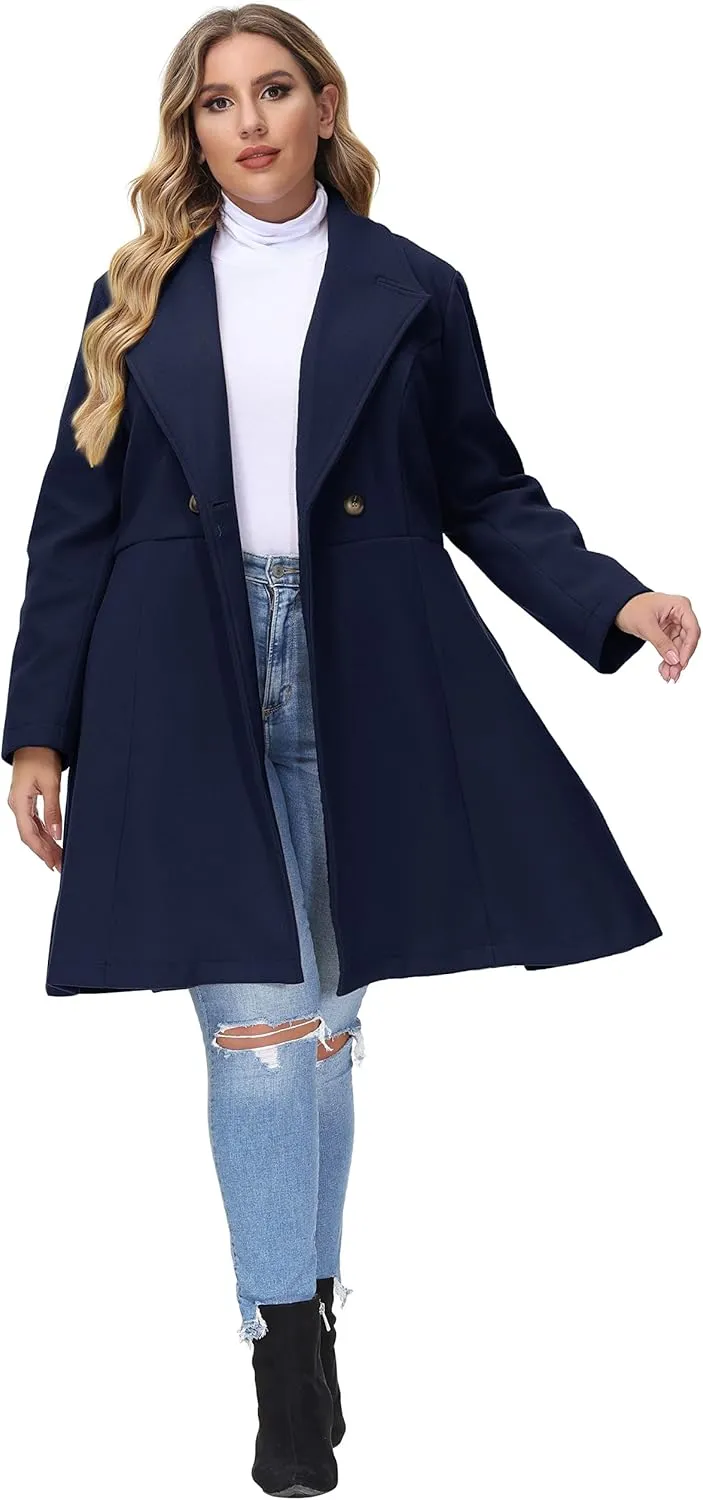 Hanna Nikole Women's Plus Size Wool Dress Coat Double Breasted Pea Coats Long Trench Coat