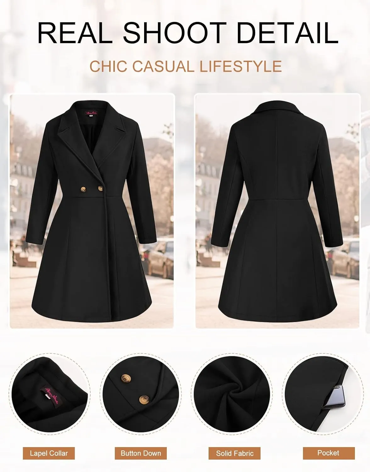 Hanna Nikole Women's Plus Size Wool Dress Coat Double Breasted Pea Coats Long Trench Coat