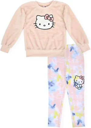 Hello Kitty Girls Legging Set 2 Piece Sherpa Fleece Crew Neck Sweatshirt and Leggings Outfit